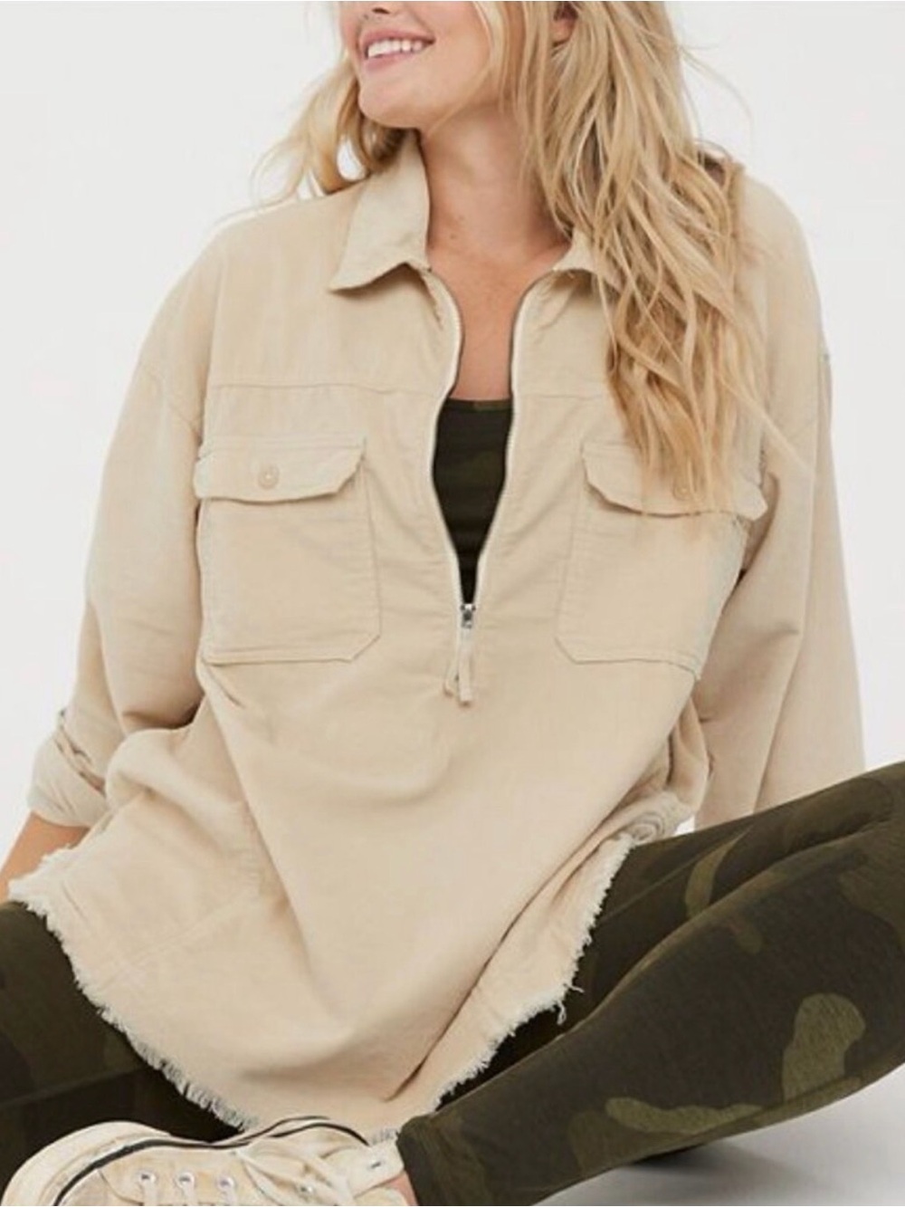 OFFLINE By Aerie Corduroy Quarter Zip Shacket Cream Oversized Shirt Size Medium